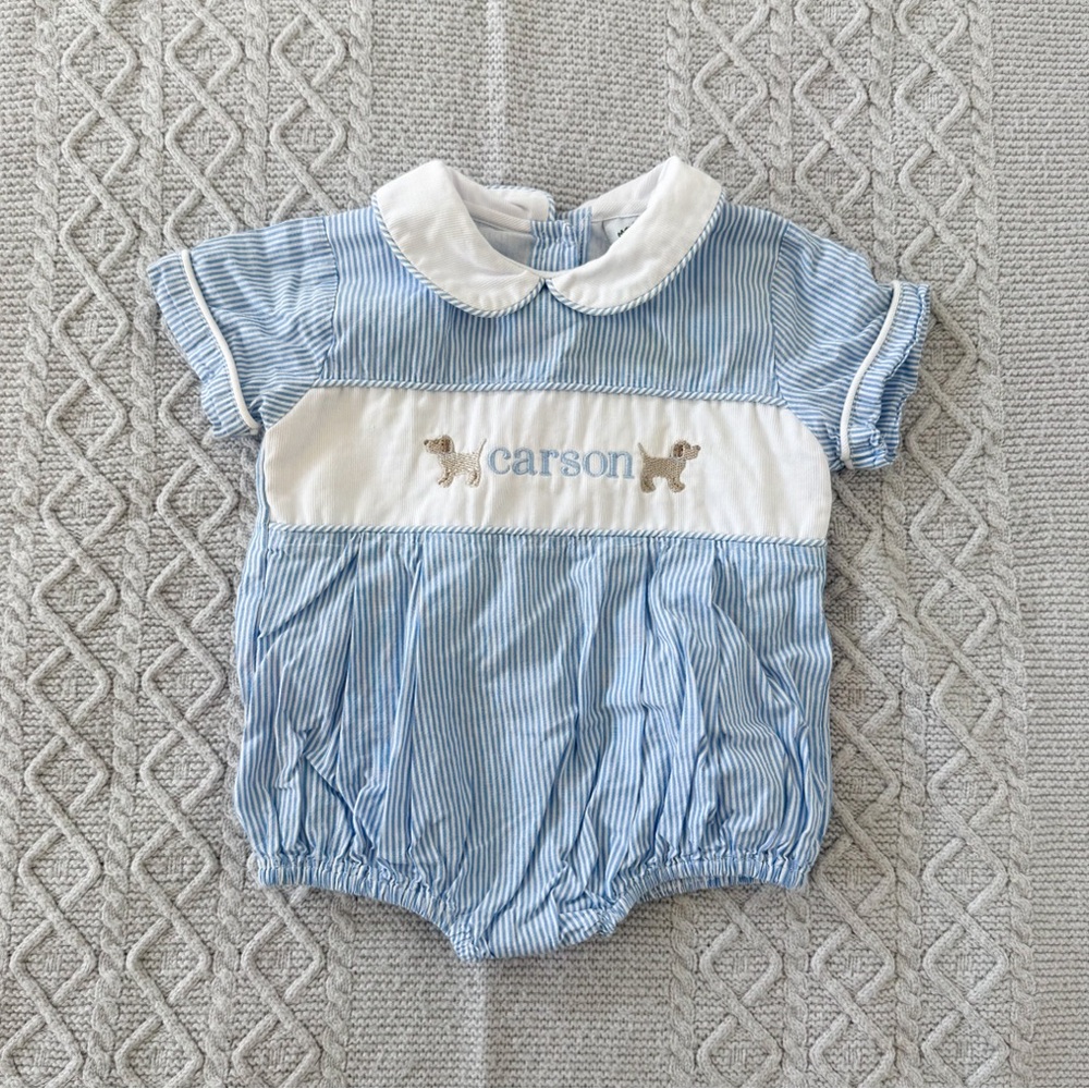 Cecil & Lou Dog Blue Striped Baby Bubble Embroidered Custom Name Carson 3M